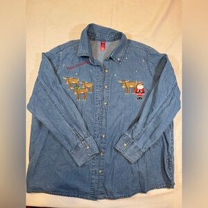 Vintage Embroidered Denim Christmas Shirt with Santa and Reindeer